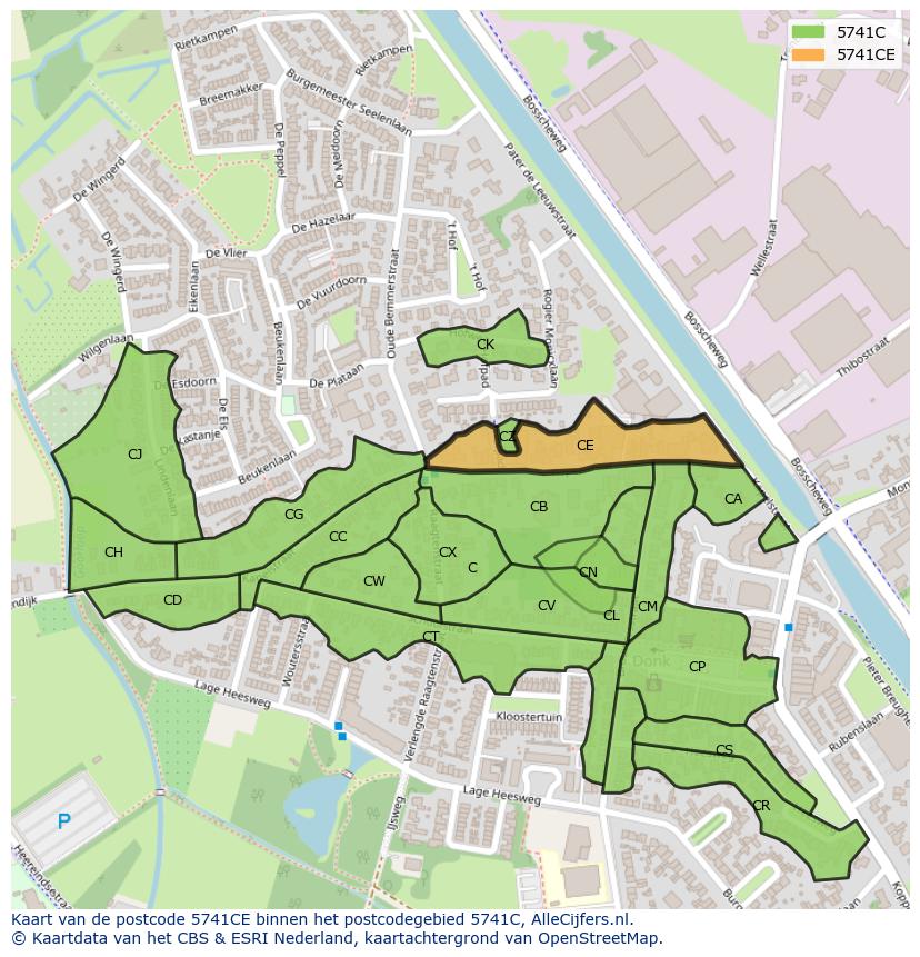 Afbeelding van het postcodegebied 5741 CE op de kaart.