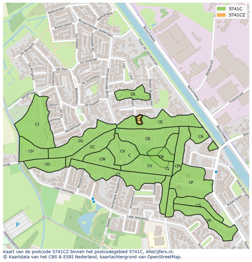 Afbeelding van het postcodegebied 5741 CZ op de kaart.