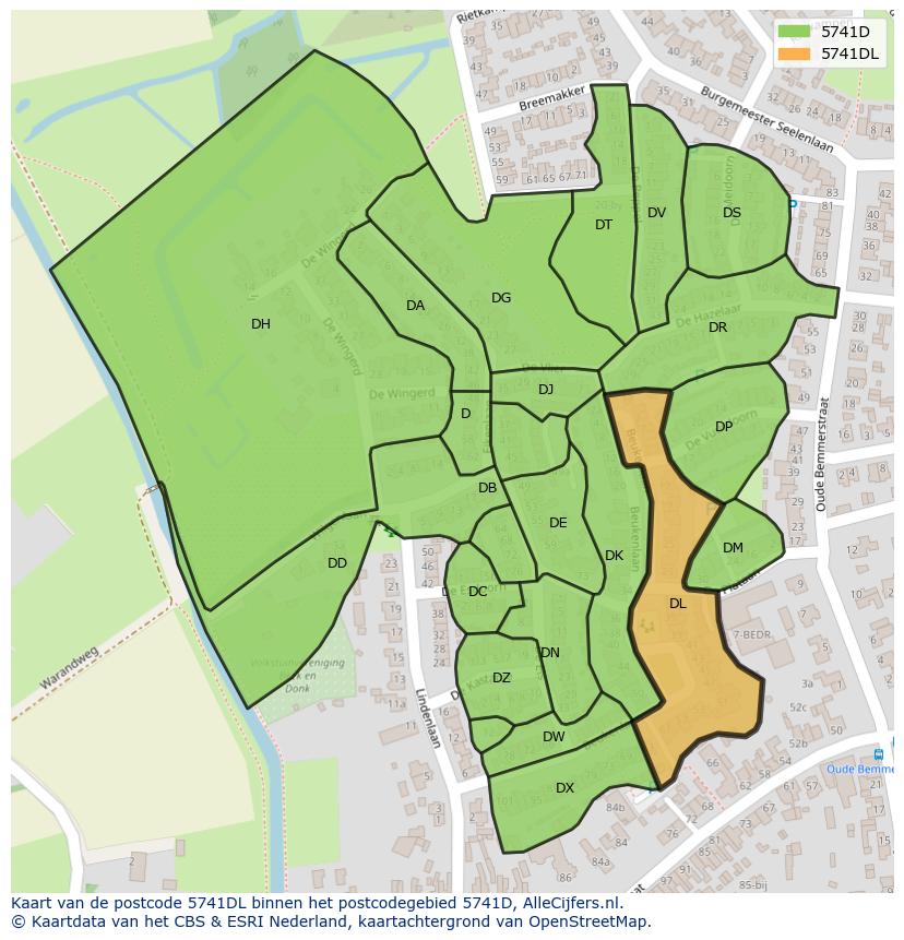 Afbeelding van het postcodegebied 5741 DL op de kaart.