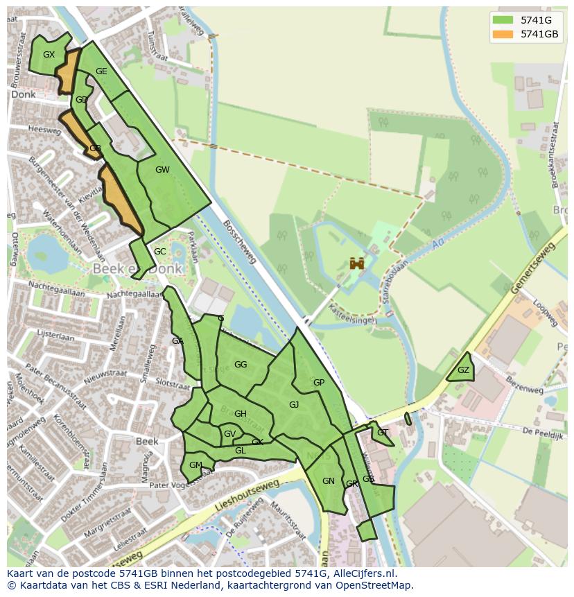 Afbeelding van het postcodegebied 5741 GB op de kaart.