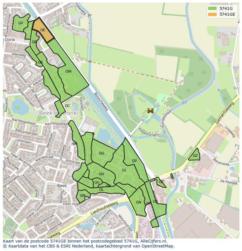 Afbeelding van het postcodegebied 5741 GE op de kaart.