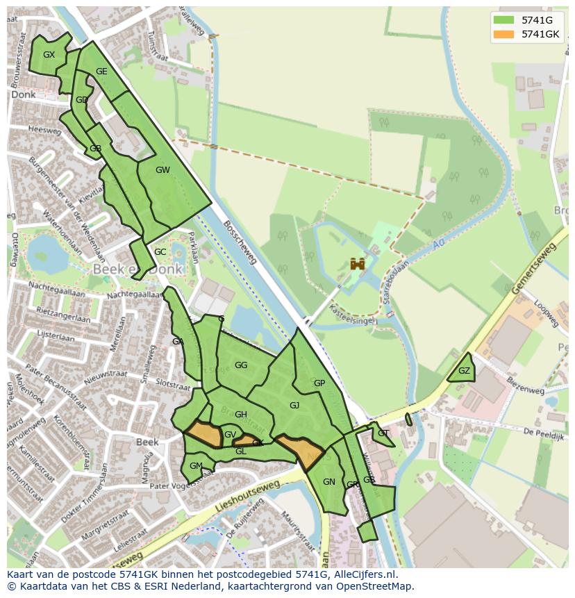 Afbeelding van het postcodegebied 5741 GK op de kaart.