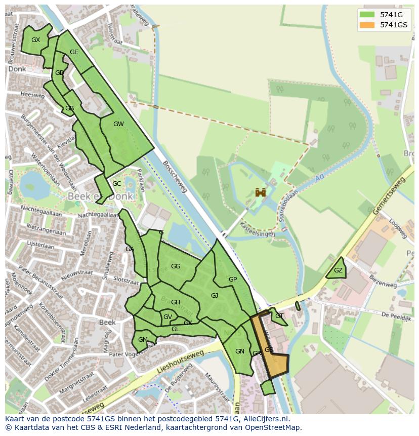 Afbeelding van het postcodegebied 5741 GS op de kaart.