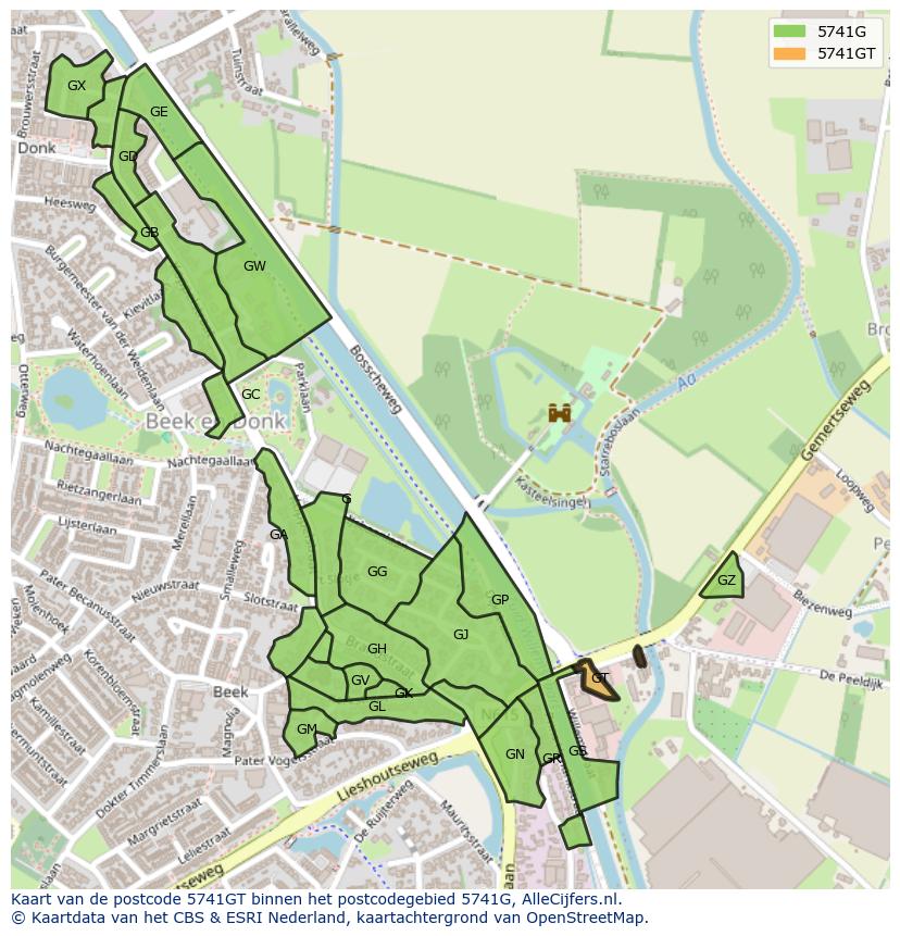 Afbeelding van het postcodegebied 5741 GT op de kaart.