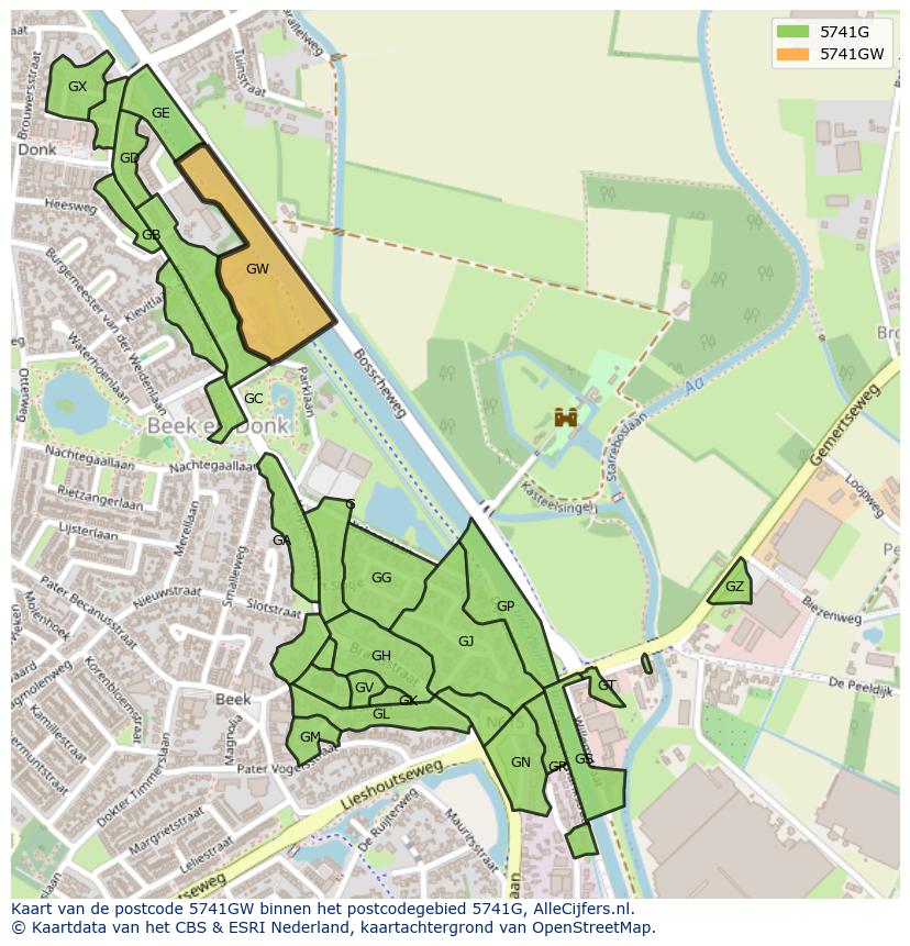 Afbeelding van het postcodegebied 5741 GW op de kaart.