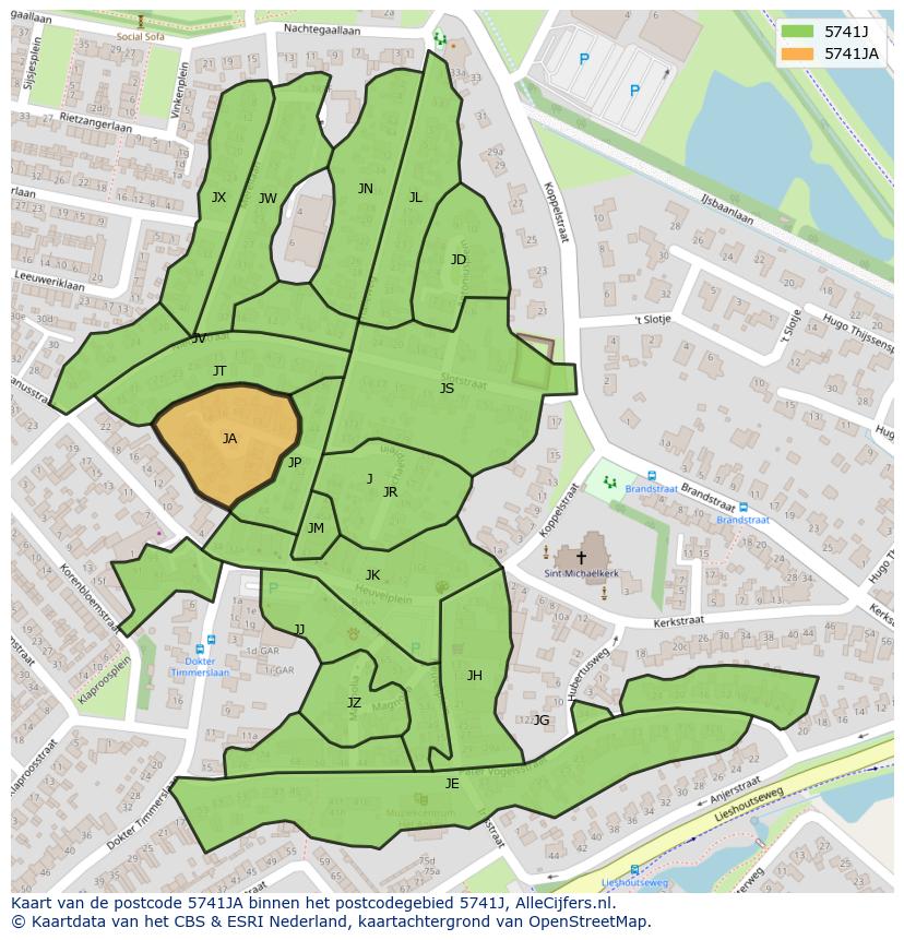 Afbeelding van het postcodegebied 5741 JA op de kaart.