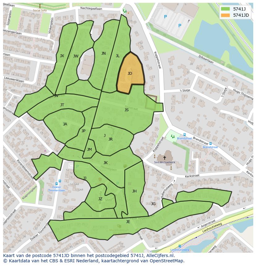 Afbeelding van het postcodegebied 5741 JD op de kaart.