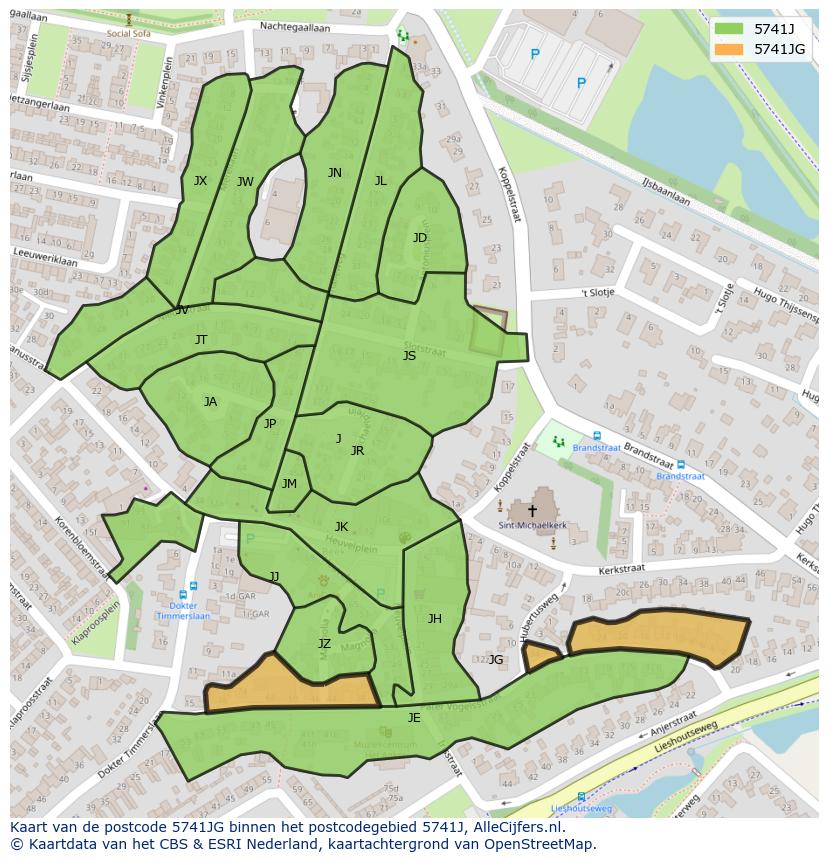 Afbeelding van het postcodegebied 5741 JG op de kaart.