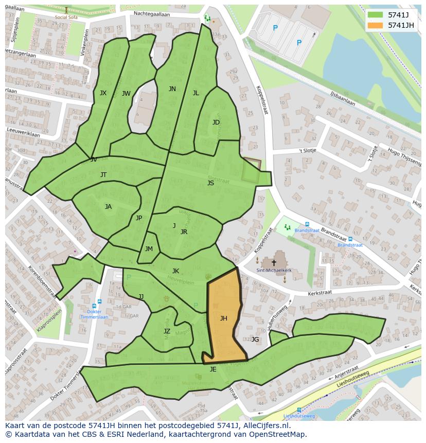 Afbeelding van het postcodegebied 5741 JH op de kaart.