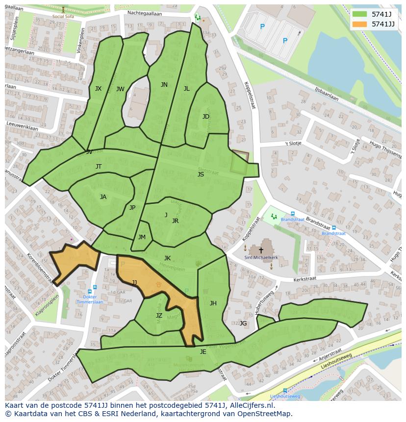 Afbeelding van het postcodegebied 5741 JJ op de kaart.