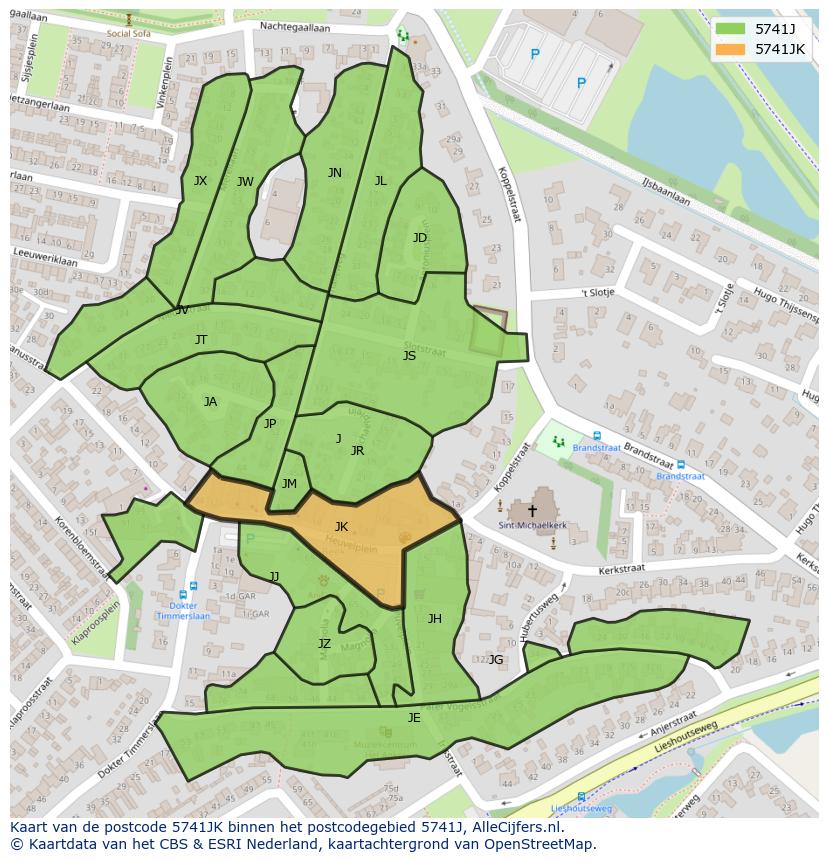 Afbeelding van het postcodegebied 5741 JK op de kaart.