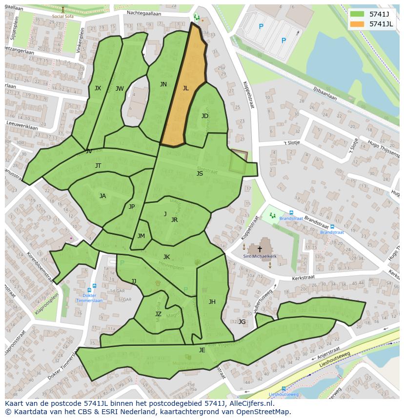 Afbeelding van het postcodegebied 5741 JL op de kaart.