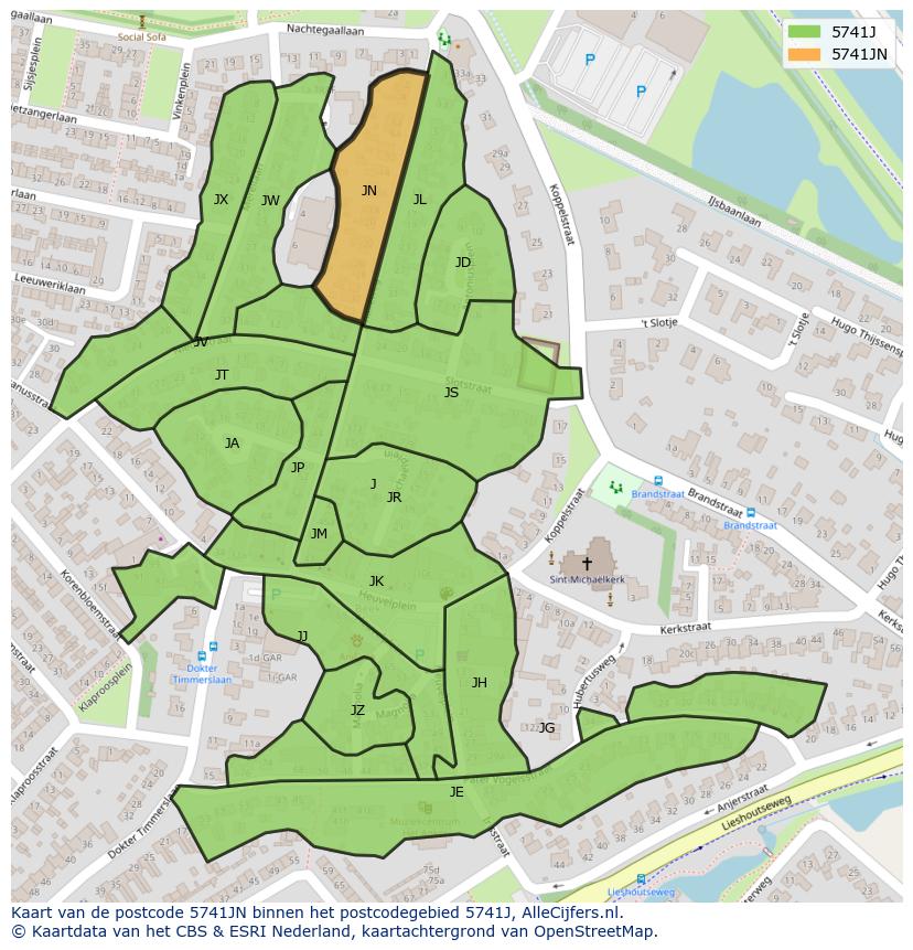 Afbeelding van het postcodegebied 5741 JN op de kaart.