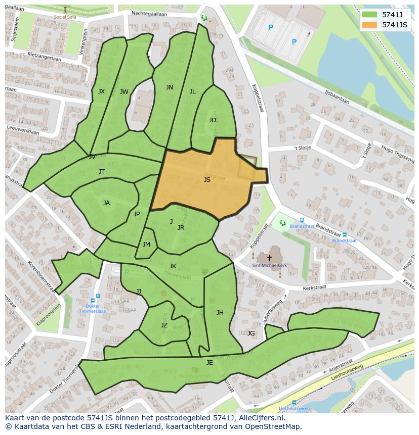 Afbeelding van het postcodegebied 5741 JS op de kaart.