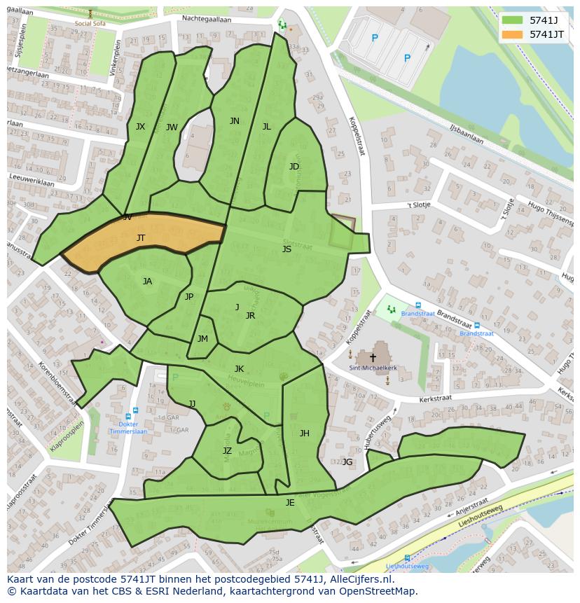 Afbeelding van het postcodegebied 5741 JT op de kaart.