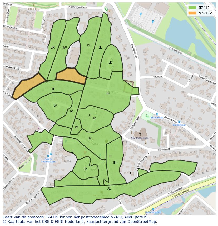 Afbeelding van het postcodegebied 5741 JV op de kaart.