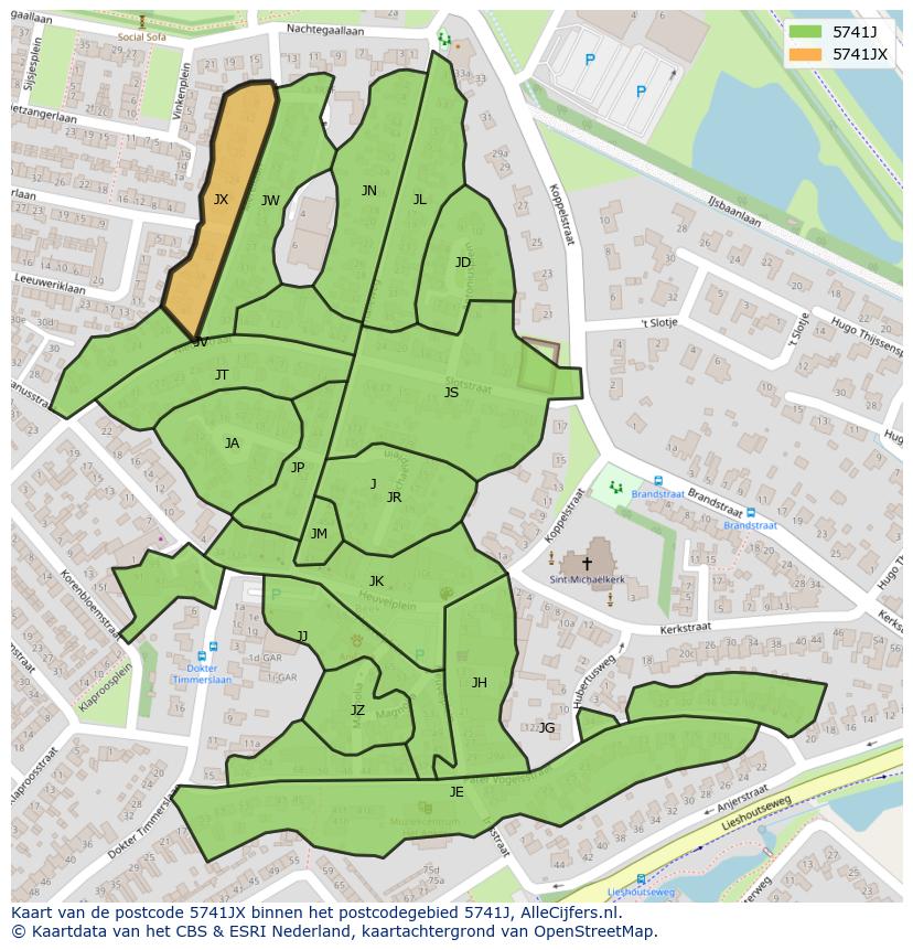 Afbeelding van het postcodegebied 5741 JX op de kaart.