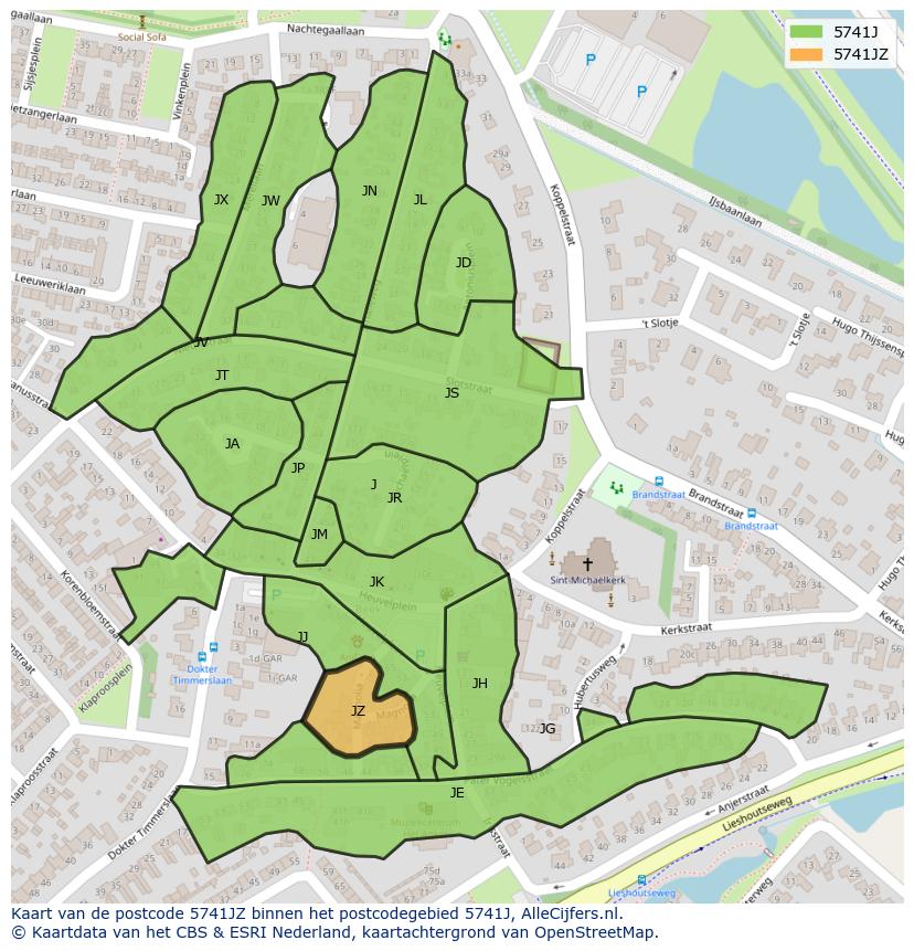 Afbeelding van het postcodegebied 5741 JZ op de kaart.