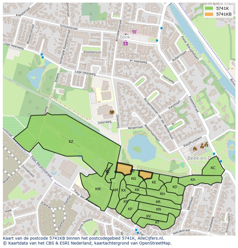 Afbeelding van het postcodegebied 5741 KB op de kaart.