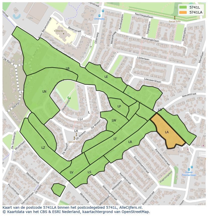 Afbeelding van het postcodegebied 5741 LA op de kaart.