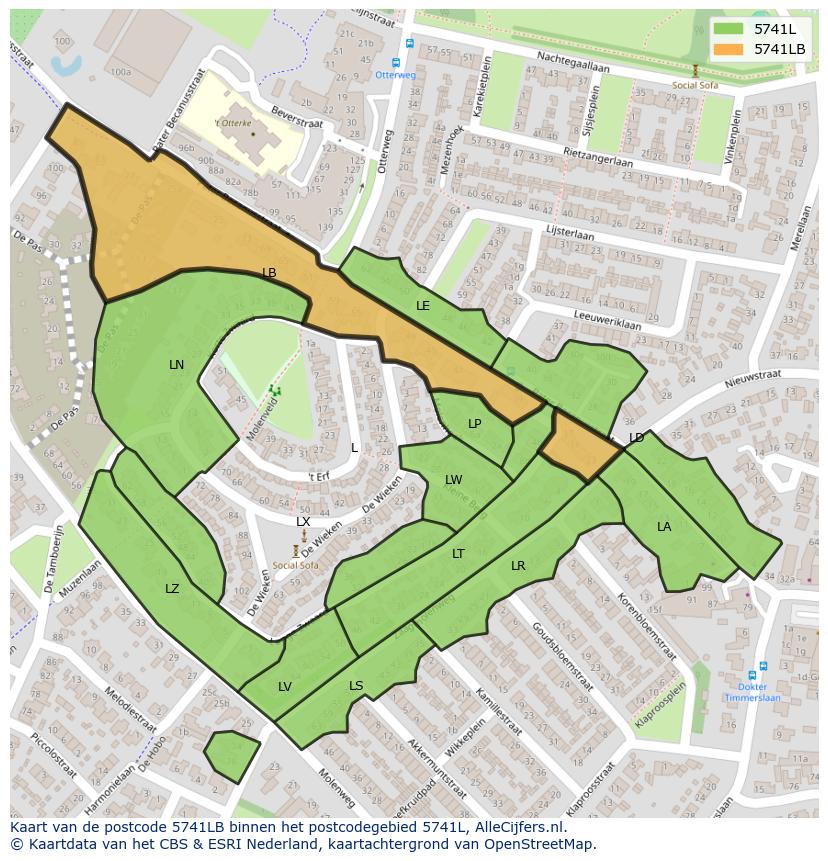 Afbeelding van het postcodegebied 5741 LB op de kaart.