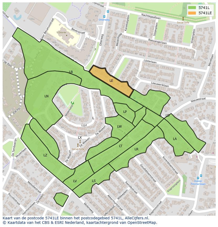 Afbeelding van het postcodegebied 5741 LE op de kaart.
