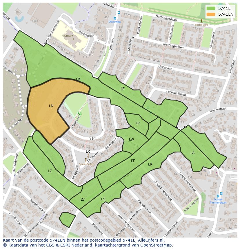 Afbeelding van het postcodegebied 5741 LN op de kaart.