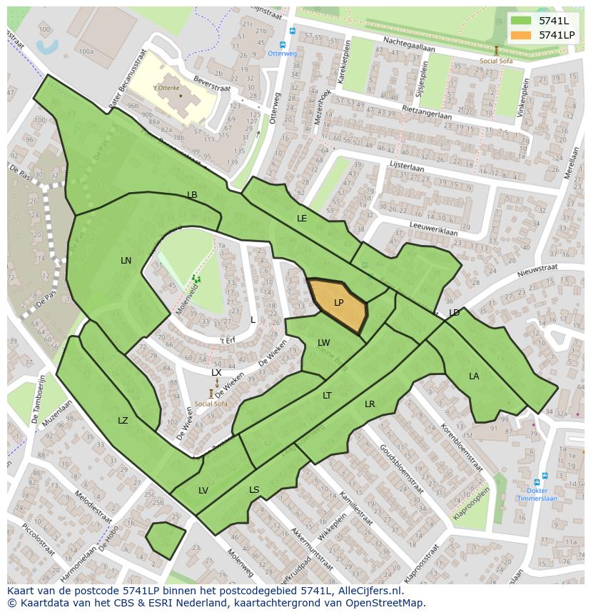 Afbeelding van het postcodegebied 5741 LP op de kaart.