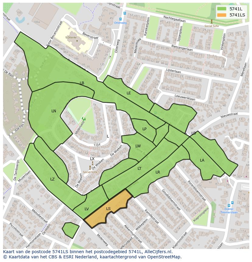 Afbeelding van het postcodegebied 5741 LS op de kaart.