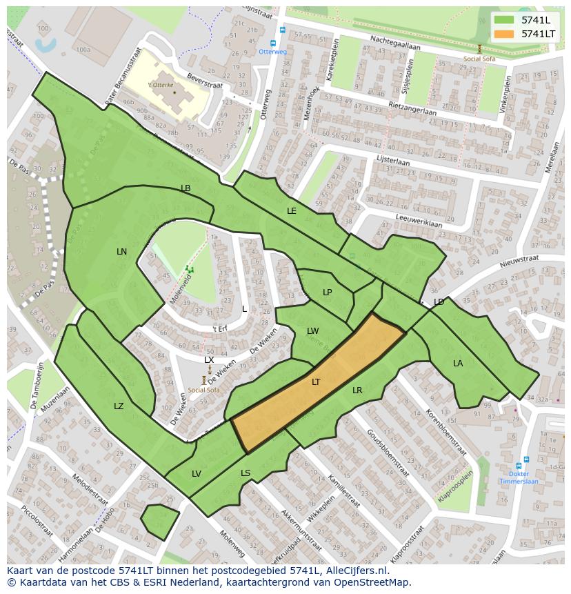 Afbeelding van het postcodegebied 5741 LT op de kaart.