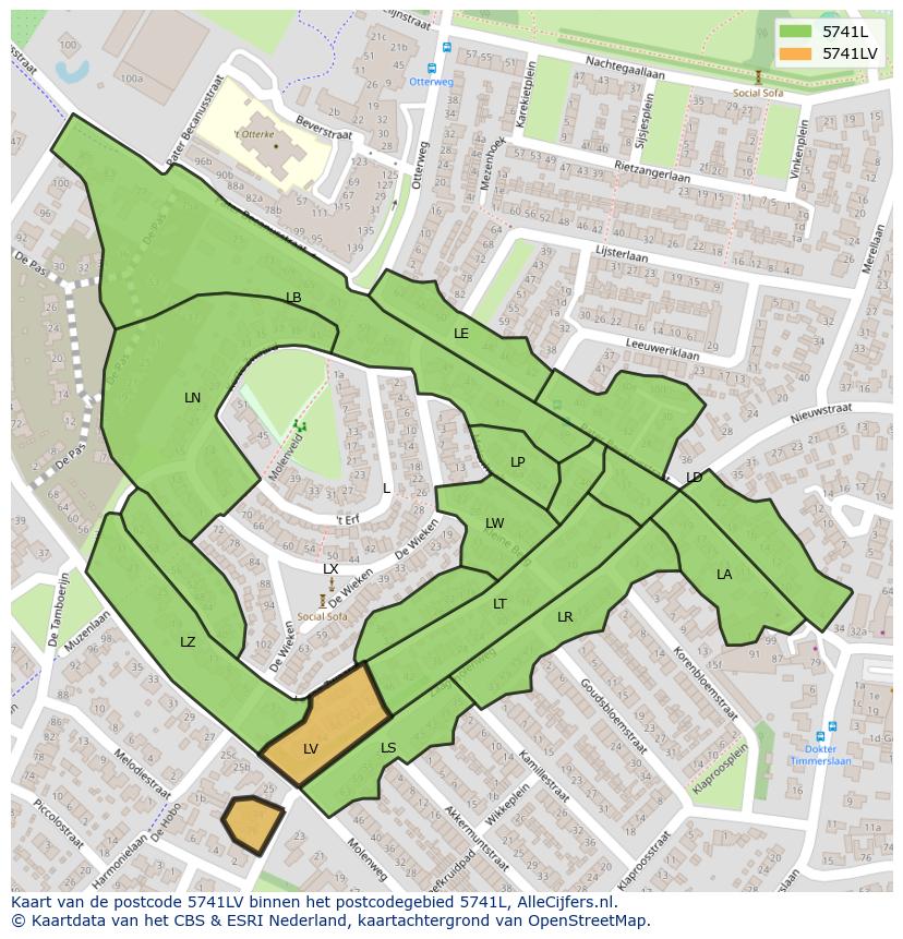 Afbeelding van het postcodegebied 5741 LV op de kaart.