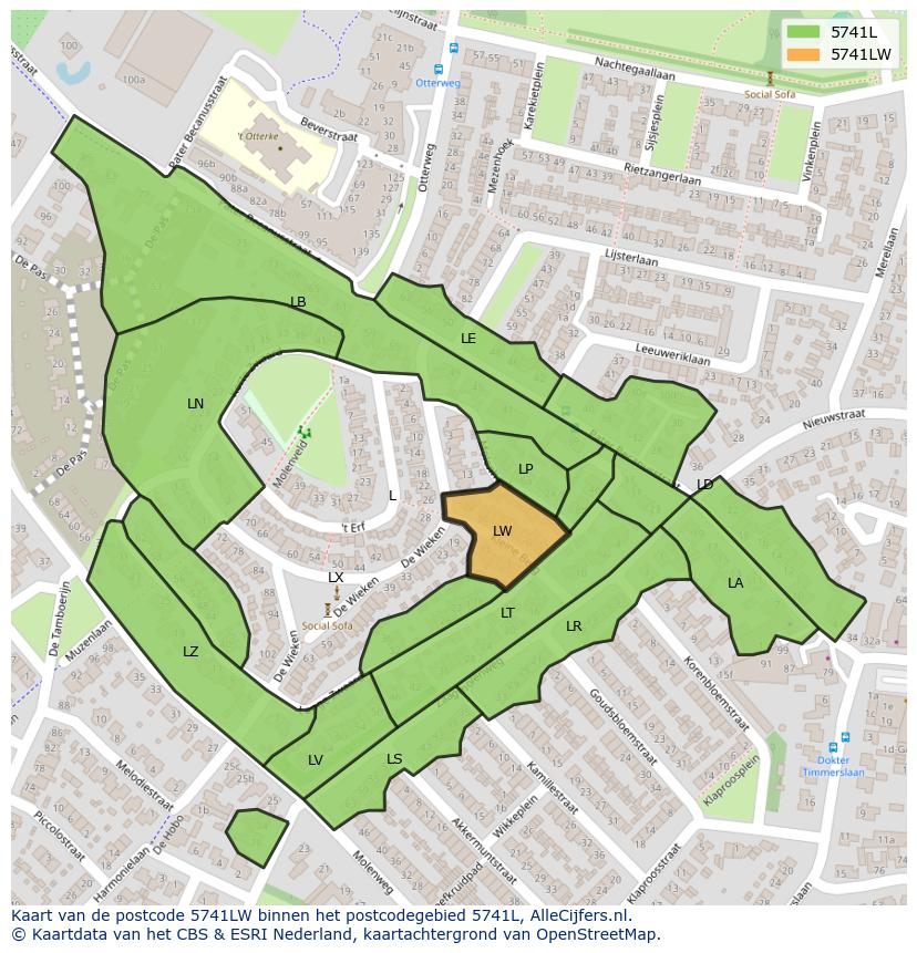 Afbeelding van het postcodegebied 5741 LW op de kaart.