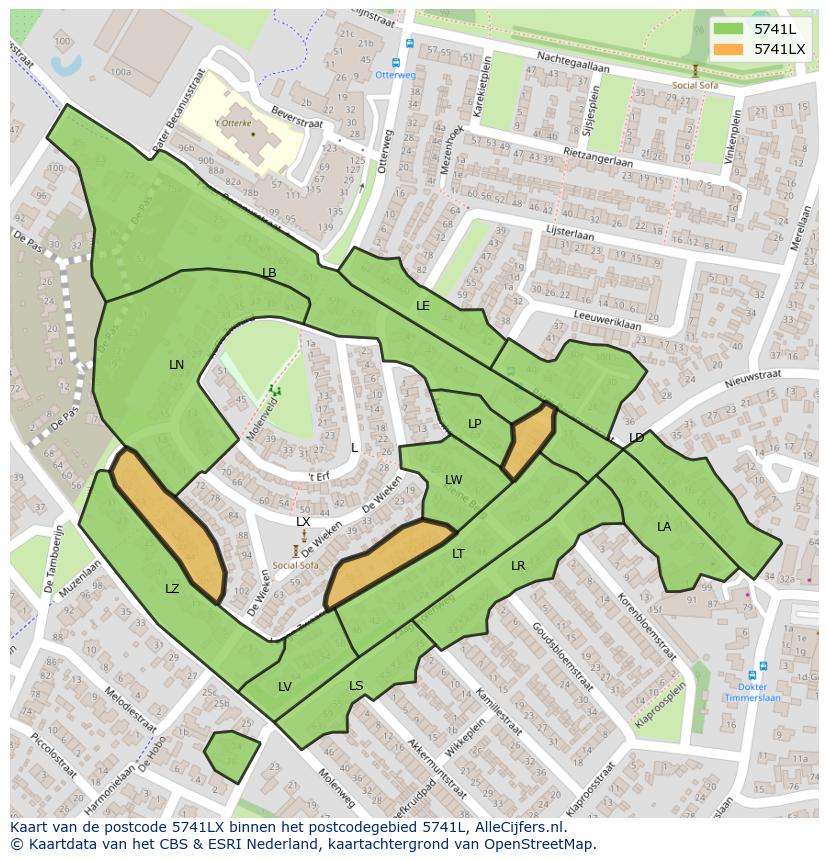 Afbeelding van het postcodegebied 5741 LX op de kaart.