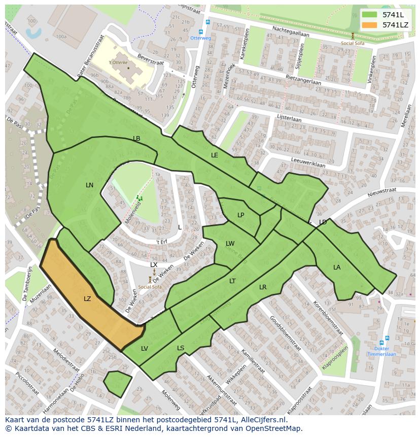 Afbeelding van het postcodegebied 5741 LZ op de kaart.