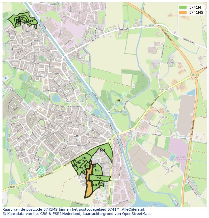 Afbeelding van het postcodegebied 5741 MS op de kaart.