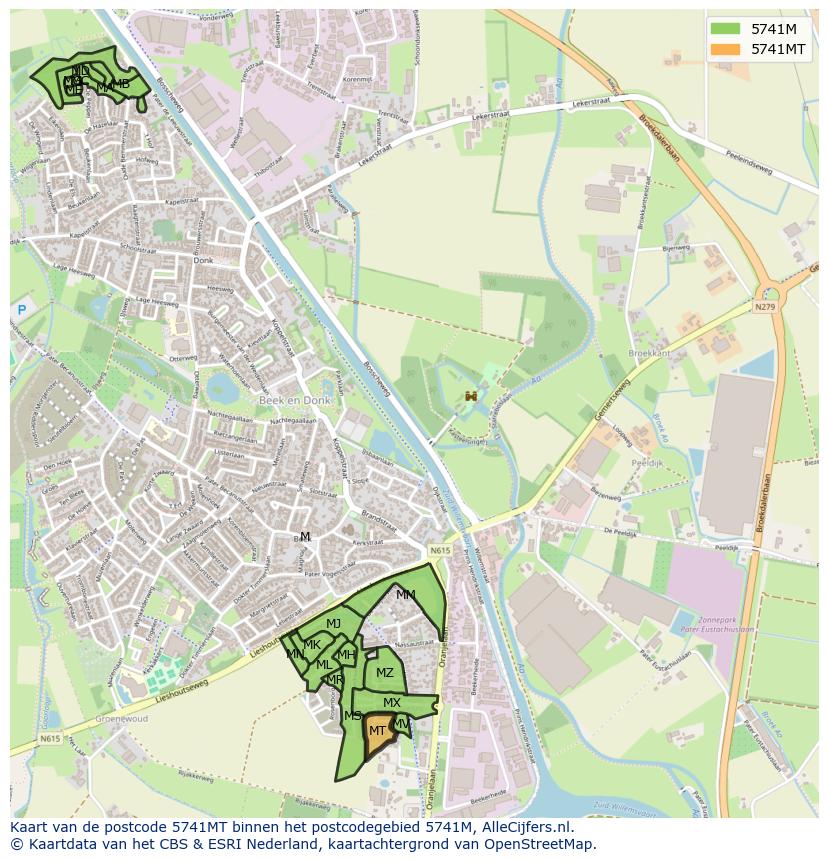 Afbeelding van het postcodegebied 5741 MT op de kaart.