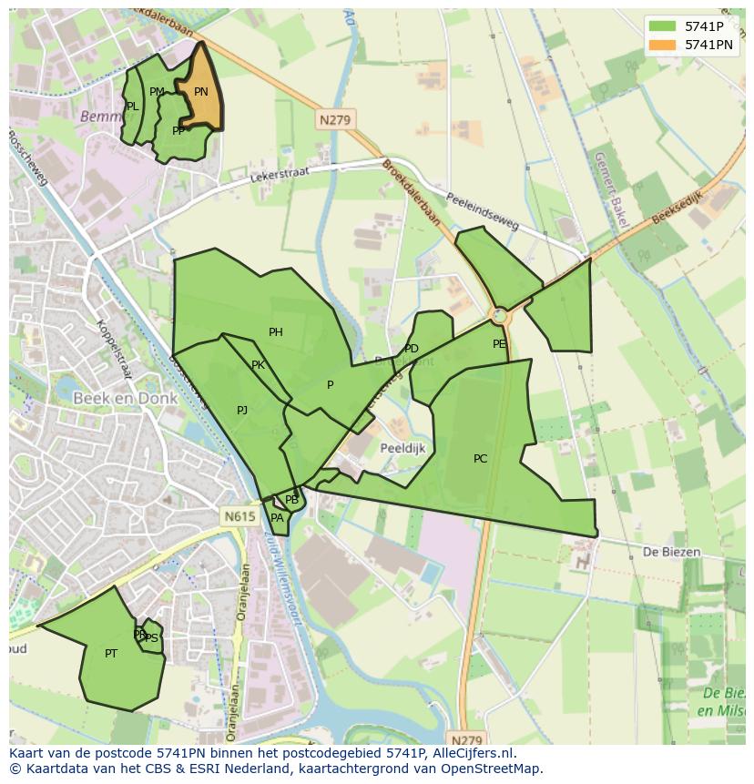 Afbeelding van het postcodegebied 5741 PN op de kaart.