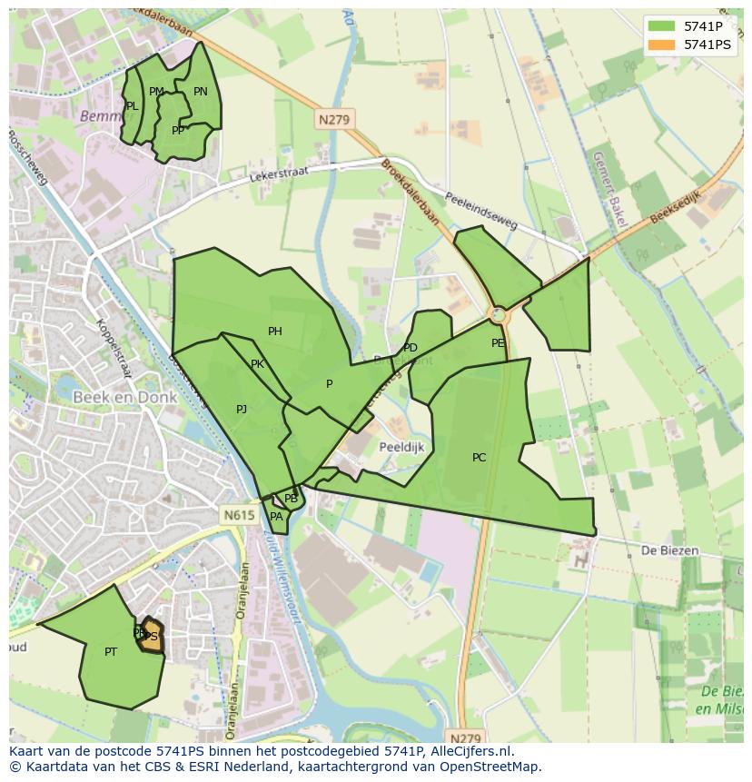 Afbeelding van het postcodegebied 5741 PS op de kaart.