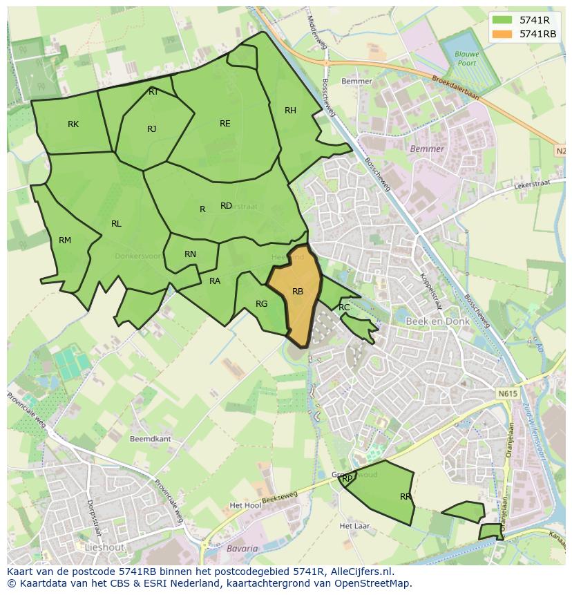 Afbeelding van het postcodegebied 5741 RB op de kaart.