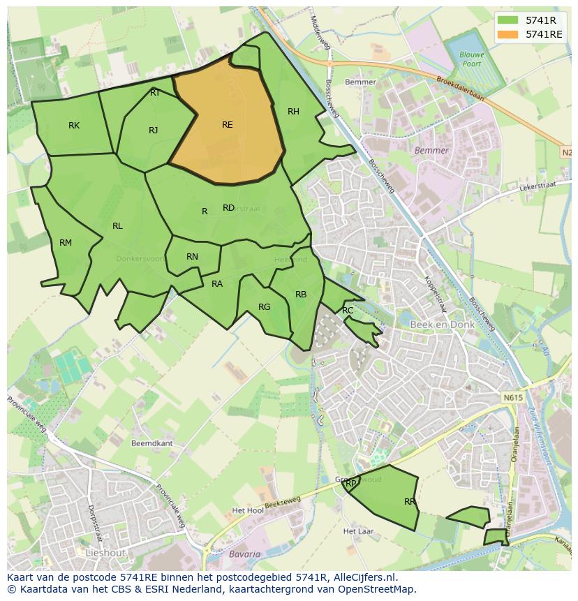 Afbeelding van het postcodegebied 5741 RE op de kaart.