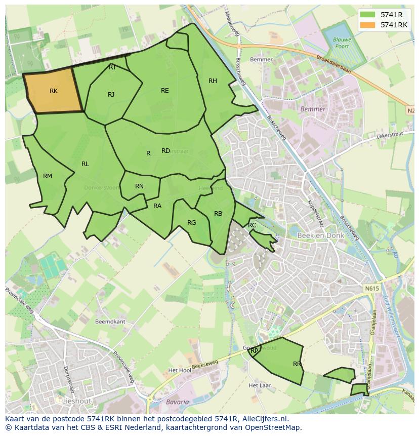 Afbeelding van het postcodegebied 5741 RK op de kaart.