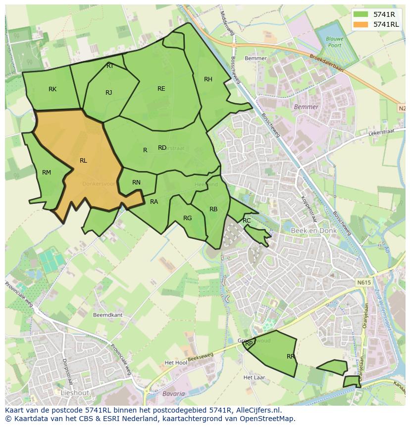 Afbeelding van het postcodegebied 5741 RL op de kaart.