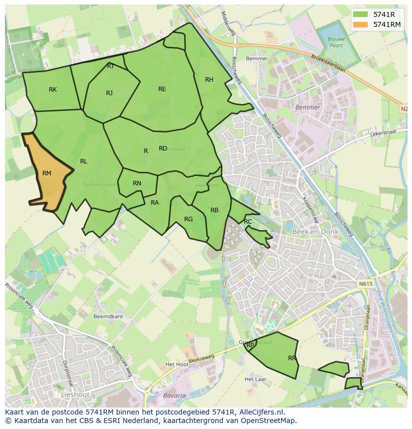 Afbeelding van het postcodegebied 5741 RM op de kaart.