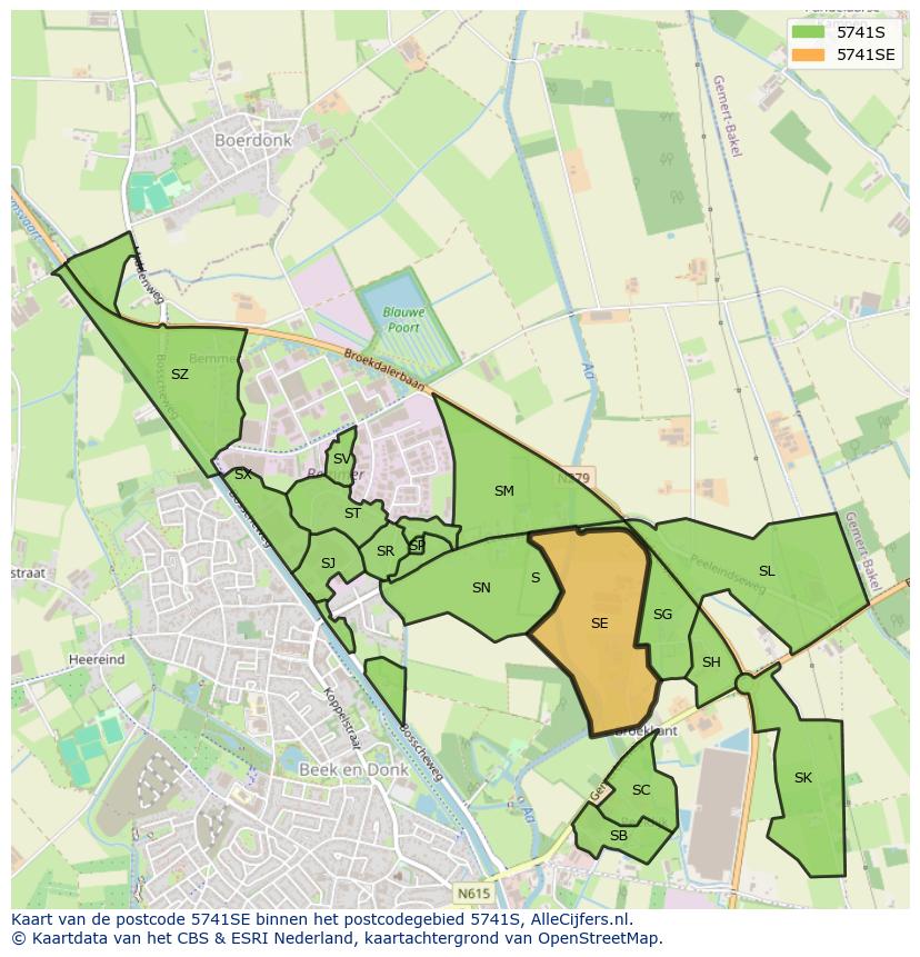Afbeelding van het postcodegebied 5741 SE op de kaart.