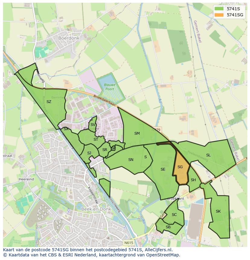 Afbeelding van het postcodegebied 5741 SG op de kaart.