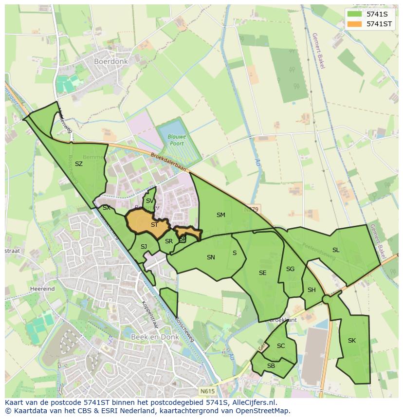 Afbeelding van het postcodegebied 5741 ST op de kaart.