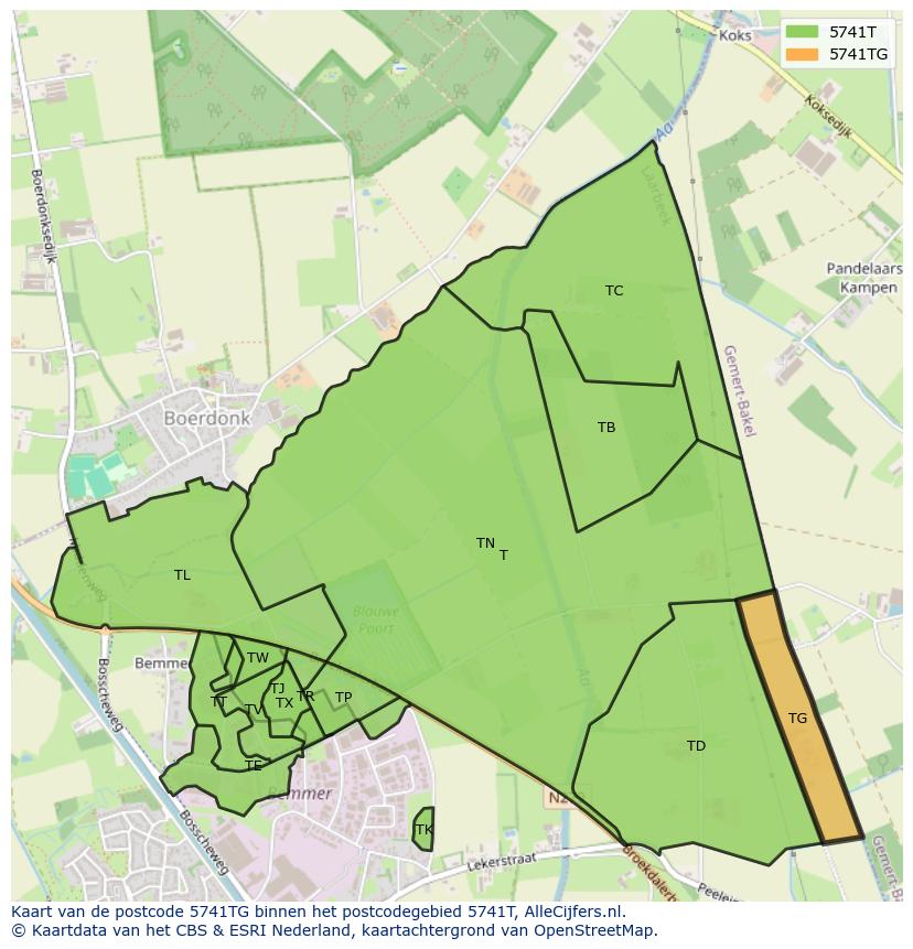 Afbeelding van het postcodegebied 5741 TG op de kaart.