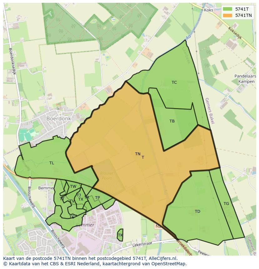 Afbeelding van het postcodegebied 5741 TN op de kaart.
