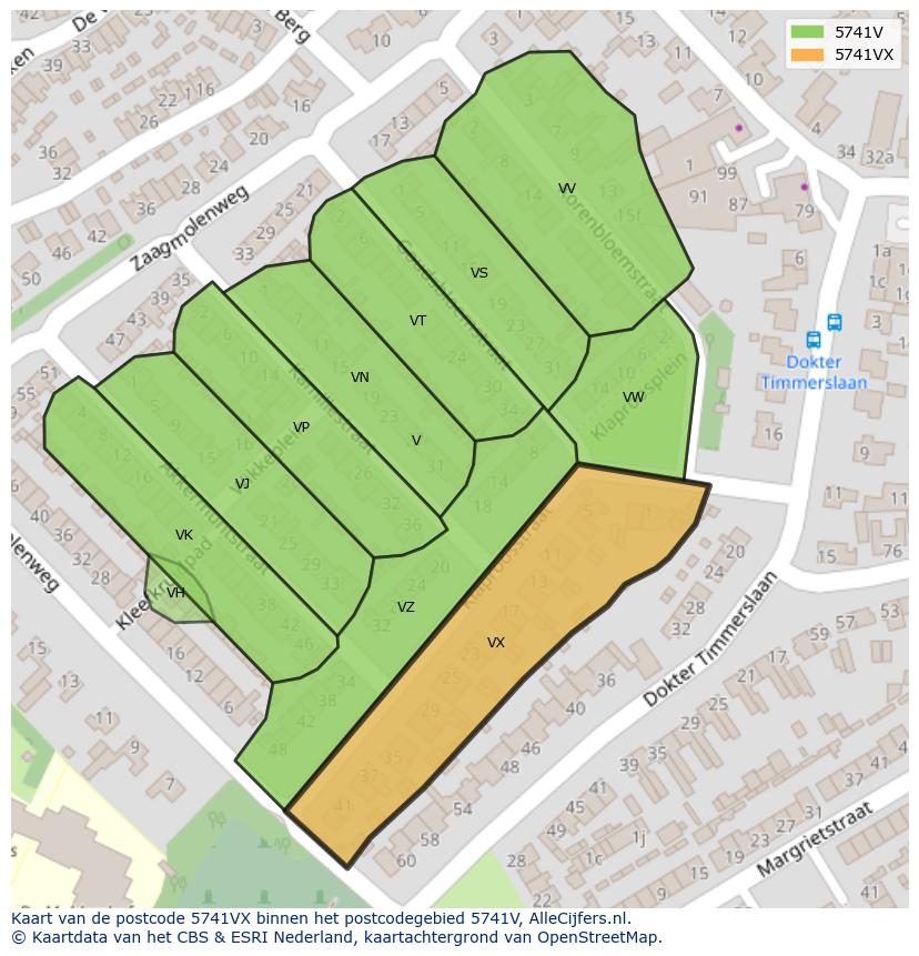 Afbeelding van het postcodegebied 5741 VX op de kaart.