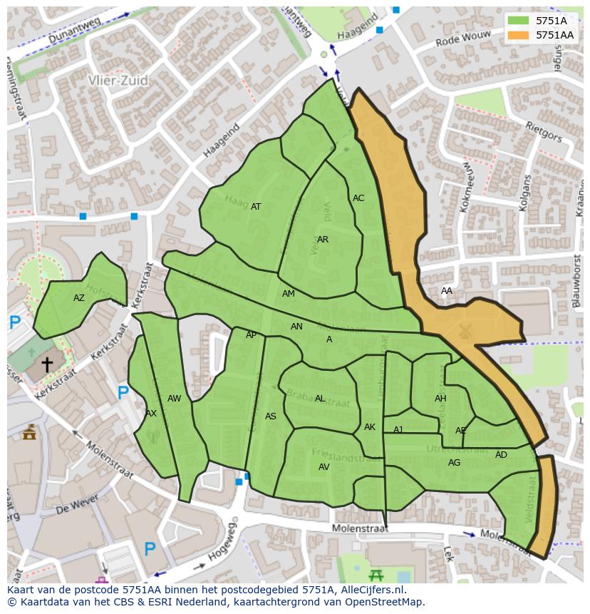 Afbeelding van het postcodegebied 5751 AA op de kaart.